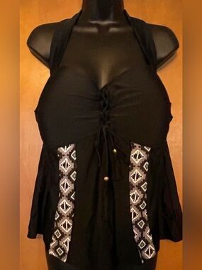 Women’s Black Ruched Swim tankini with Patterned Insets size 18 NWT